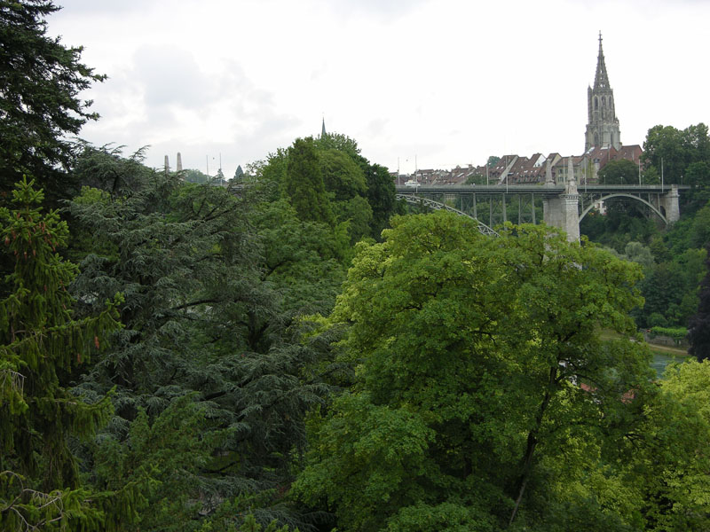 Blick über das Arboretum mit Kornhausbrücke und Münster