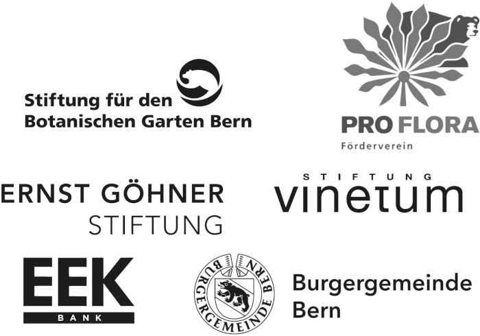 Logos: Stiftung für den Botanischen Garten Bern, Pro Flora Förderverein, Ernst Göhner Stiftung, Stiftung Vinetum, Bank EEK, Burgergemeinde Bern